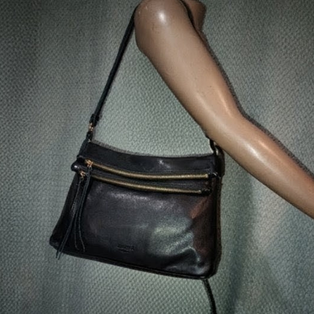 Margot Double Zip Black Leather Shoulder/Crossbody Bag